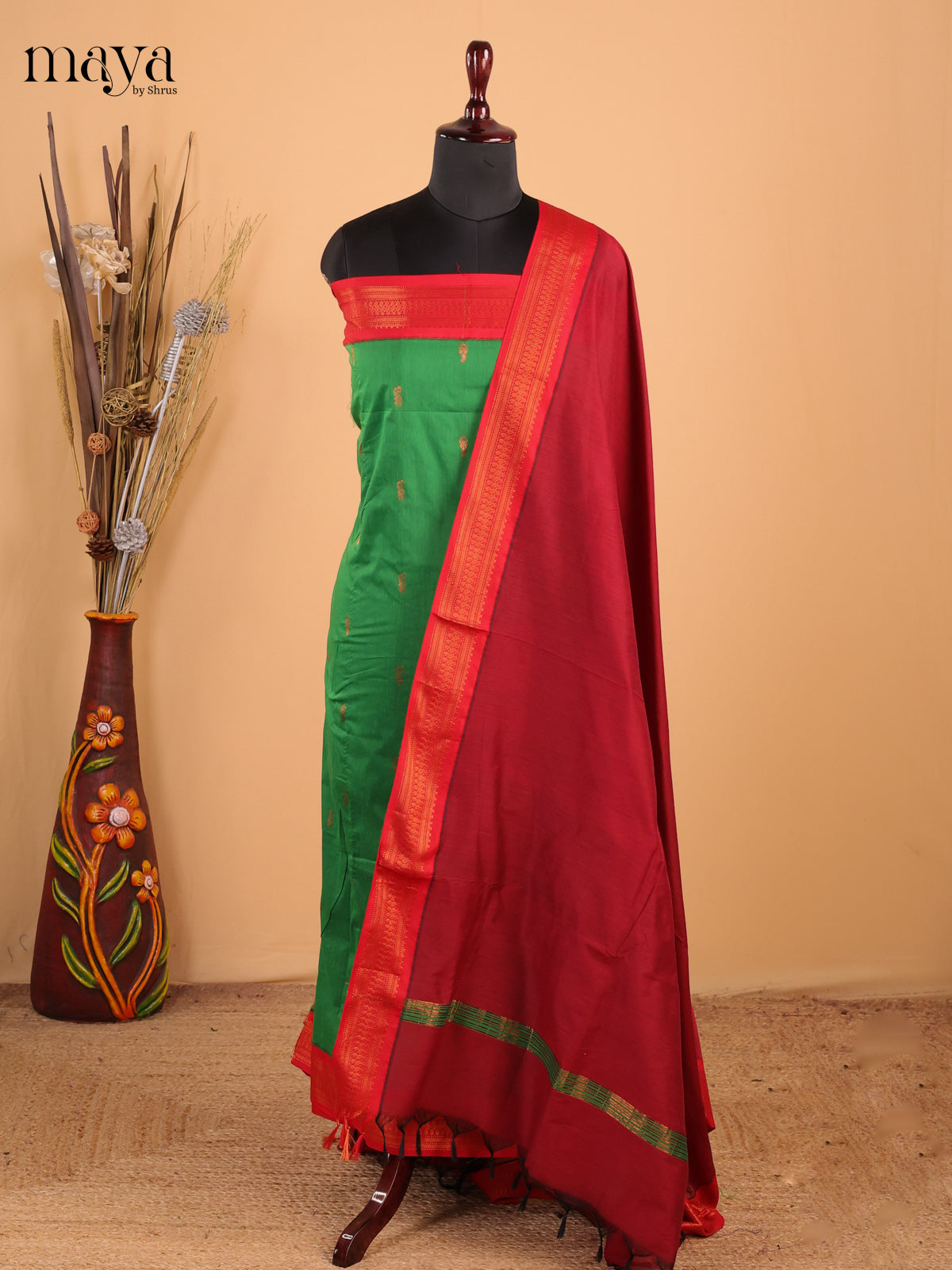 Green & Maroon - Kalyani Cotton unstitched Top & Dupatta - MDB26010