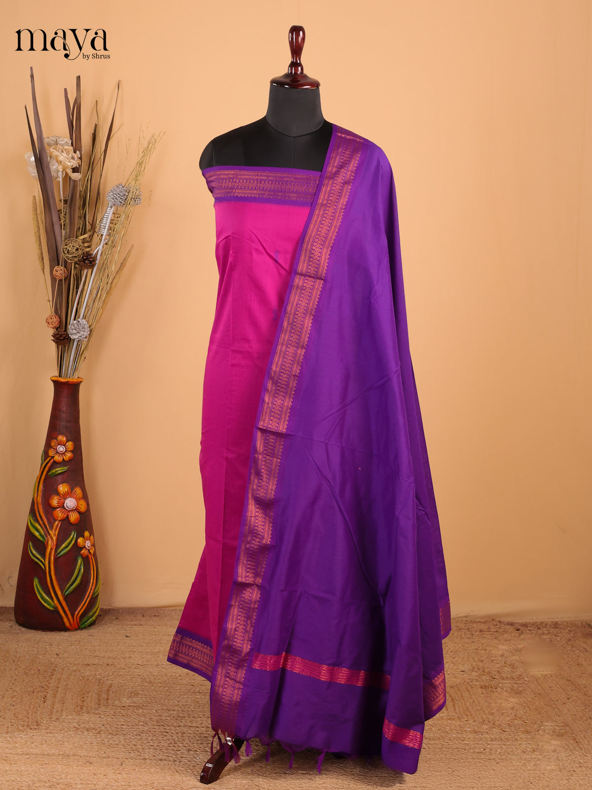 Dark pink & Purple - Kalyani Cotton unstitched Top & Dupatta - MDB26011
