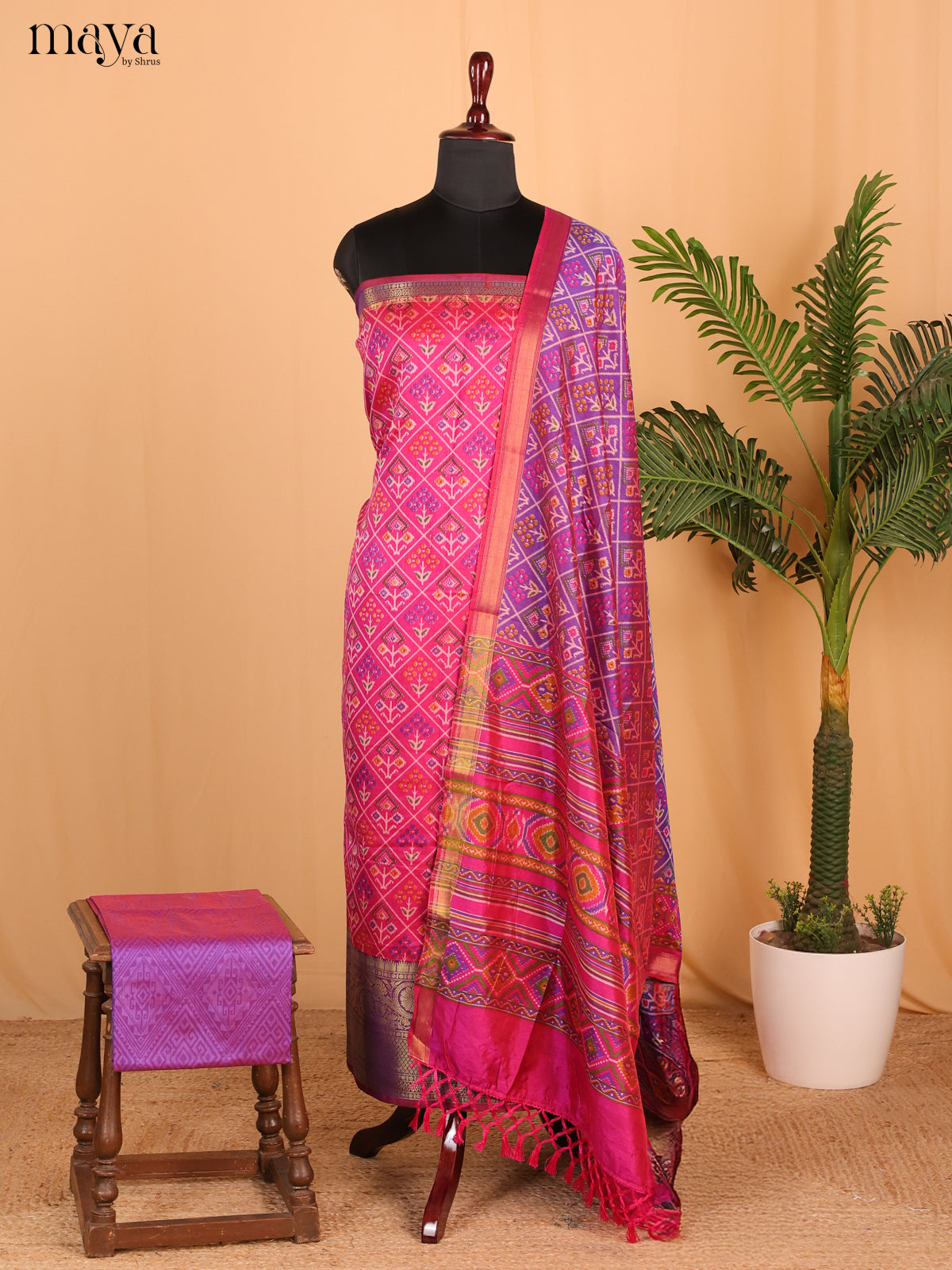 Pink & purple Semi Patola Unstitched Top, Bottom & Dupatta - MDB26013