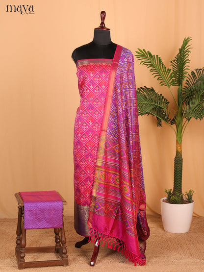 Pink & purple Semi Patola Unstitched Top, Bottom & Dupatta - MDB26013