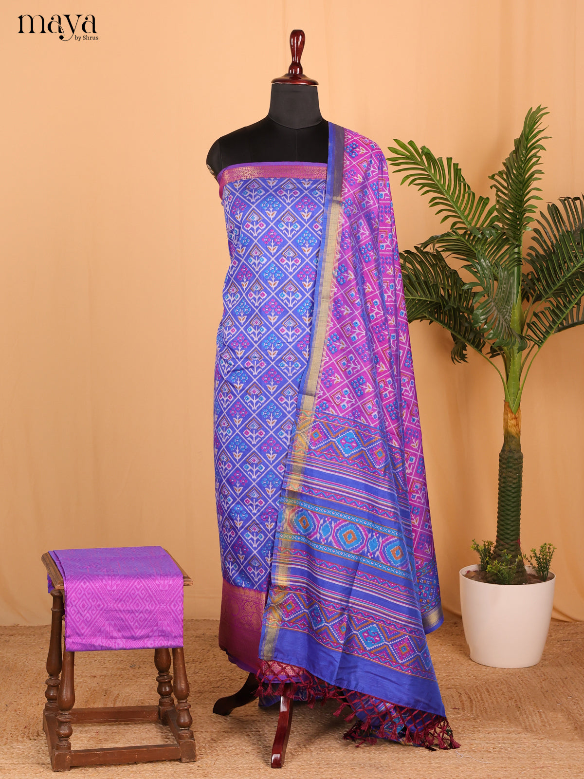 Royal Blue & Purple Semi Patola Unstitched Top, Bottom & Dupatta - MDB26014
