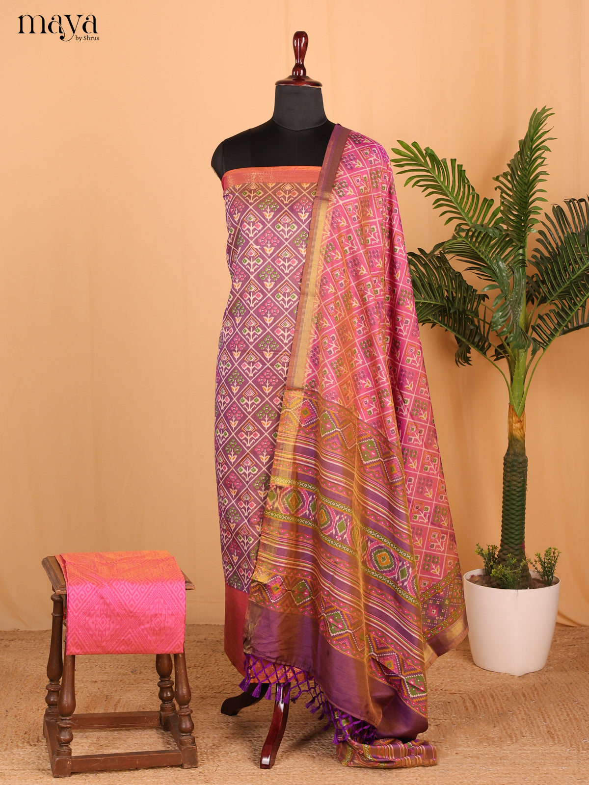 Dark Plum & Dark pink Semi Patola Unstitched Top, Bottom & Dupatta - MDB26015