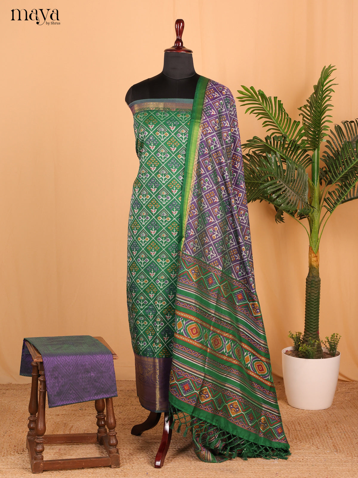 Green & Purple Semi Patola Unstitched Top, Bottom & Dupatta - MDB26016