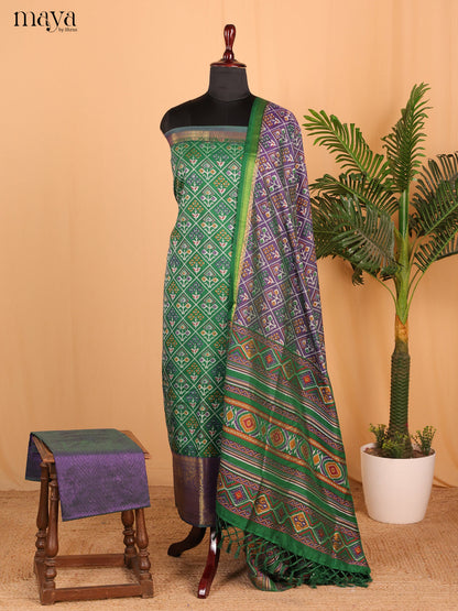 Green & Purple Semi Patola Unstitched Top, Bottom & Dupatta - MDB26016