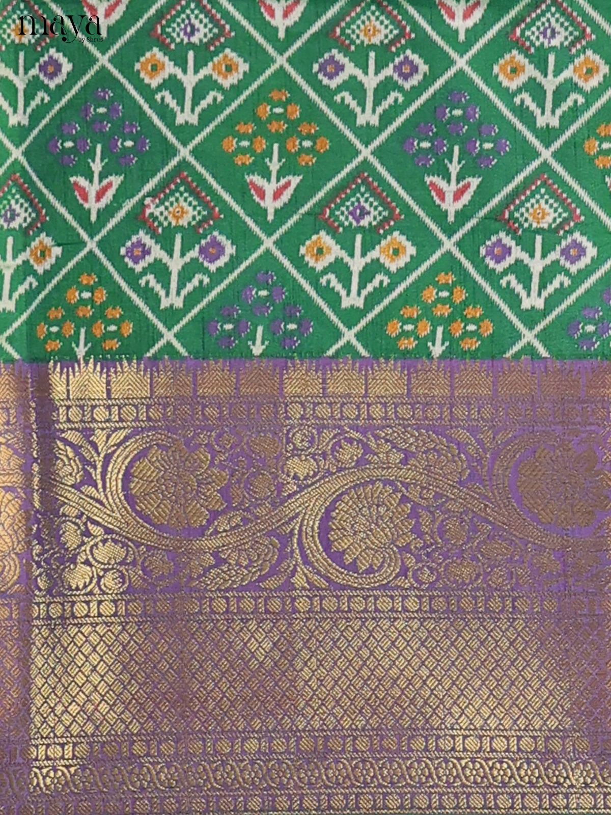 Green & Purple Semi Patola Unstitched Top, Bottom & Dupatta - MDB26016