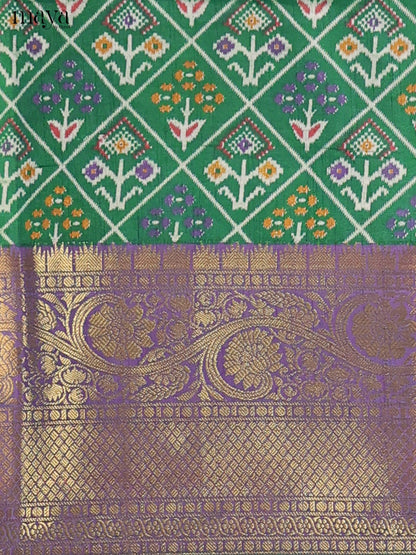 Green & Purple Semi Patola Unstitched Top, Bottom & Dupatta - MDB26016