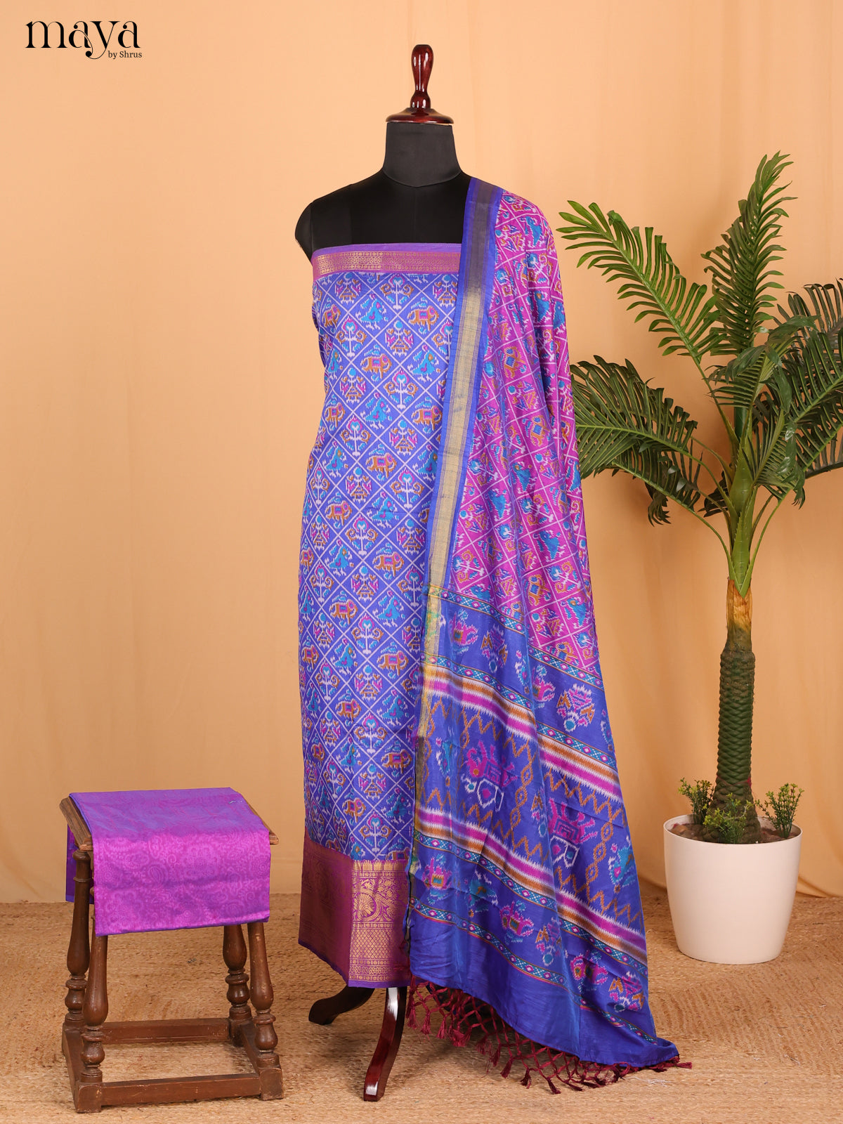 Royal Blue & Purple Semi Patola Unstitched Top, Bottom & Dupatta - MDB26017