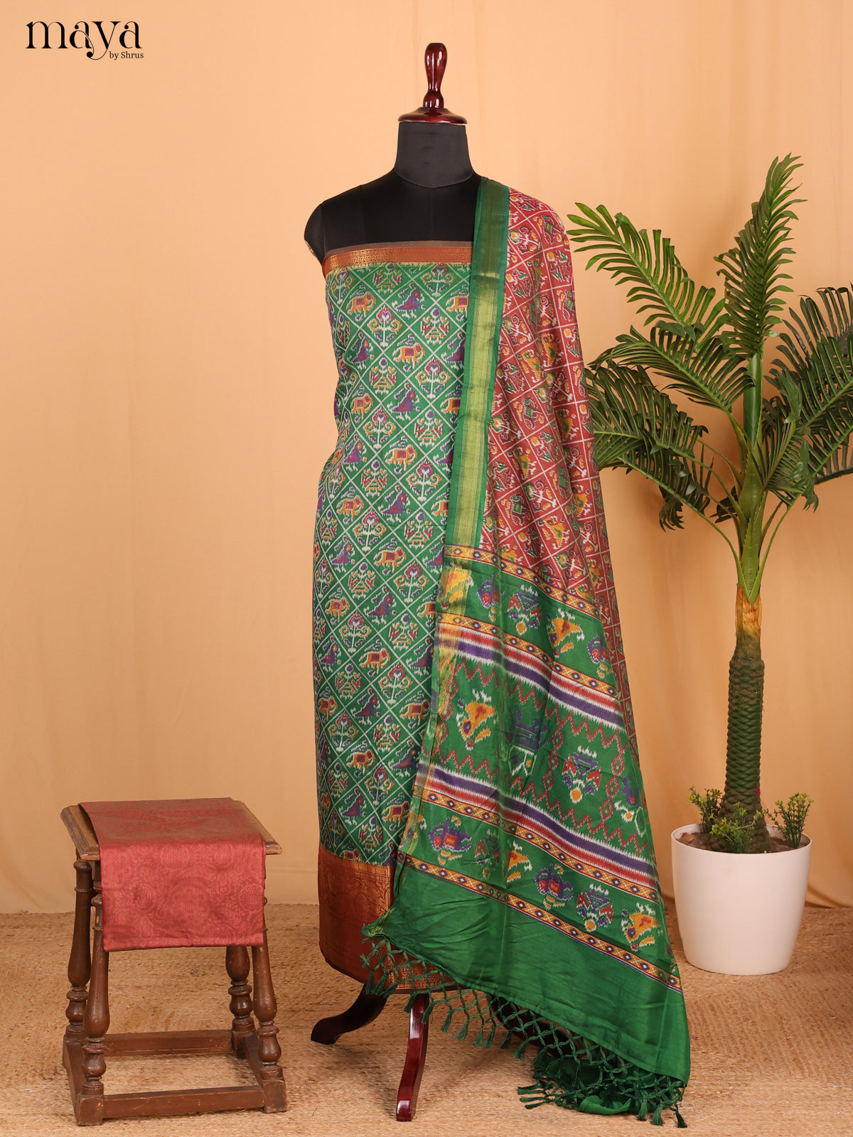 Green & Brown Semi Patola Unstitched Top, Bottom & Dupatta - MDB26018