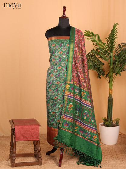 Green & Brown Semi Patola Unstitched Top, Bottom & Dupatta - MDB26018