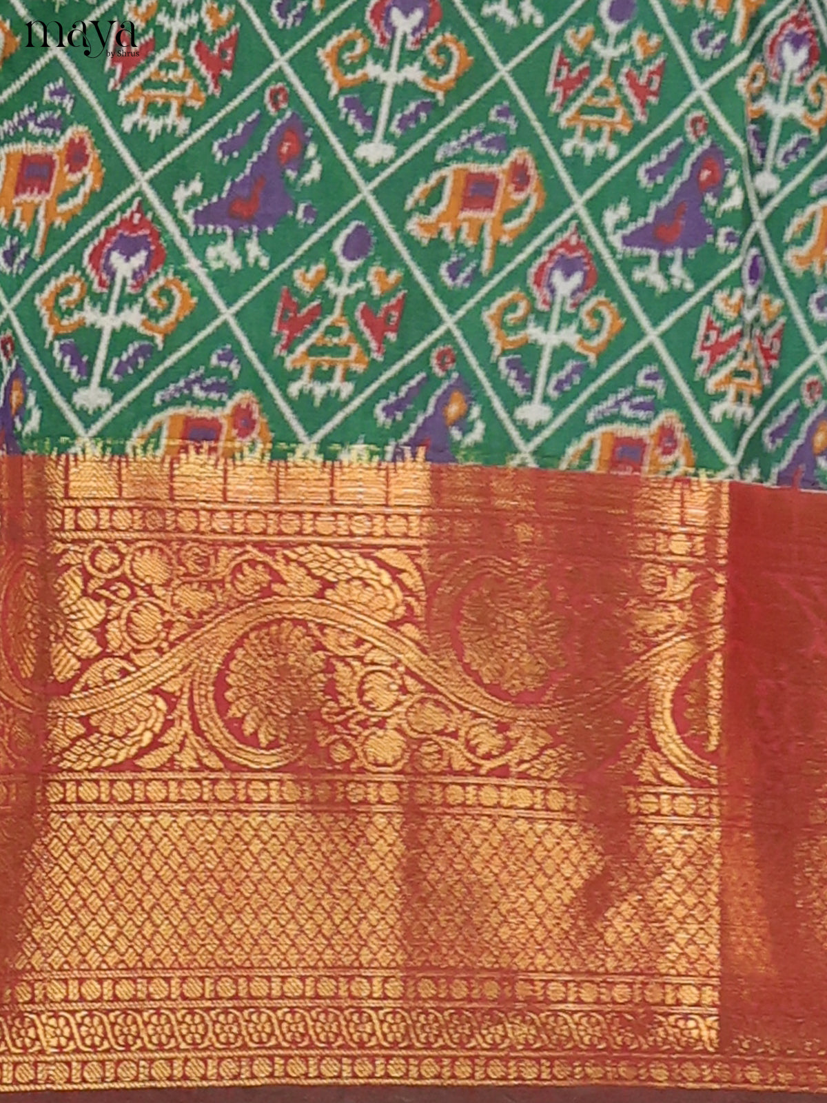 Green & Brown Semi Patola Unstitched Top, Bottom & Dupatta - MDB26018