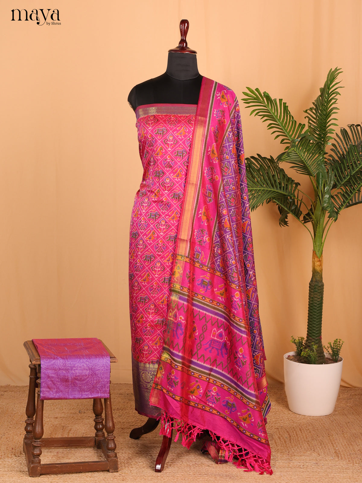 Pink & Purple Semi Patola Unstitched Top, Bottom & Dupatta - MDB26019