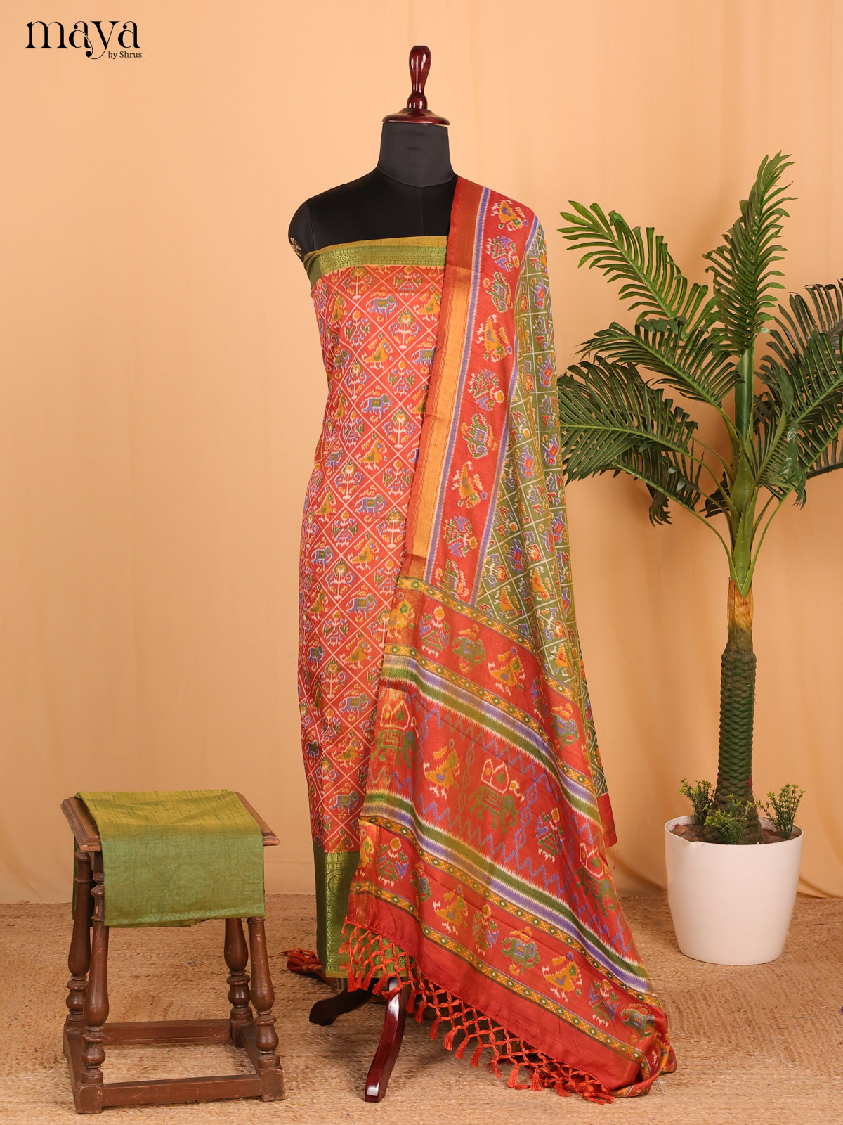 Brick Red & olive-green Semi Patola Unstitched Top, Bottom & Dupatta - MDB26020