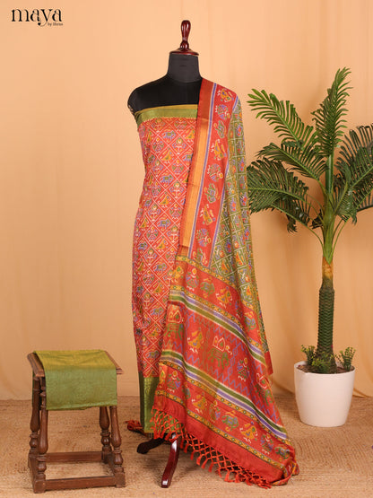 Brick Red & olive-green Semi Patola Unstitched Top, Bottom & Dupatta - MDB26020