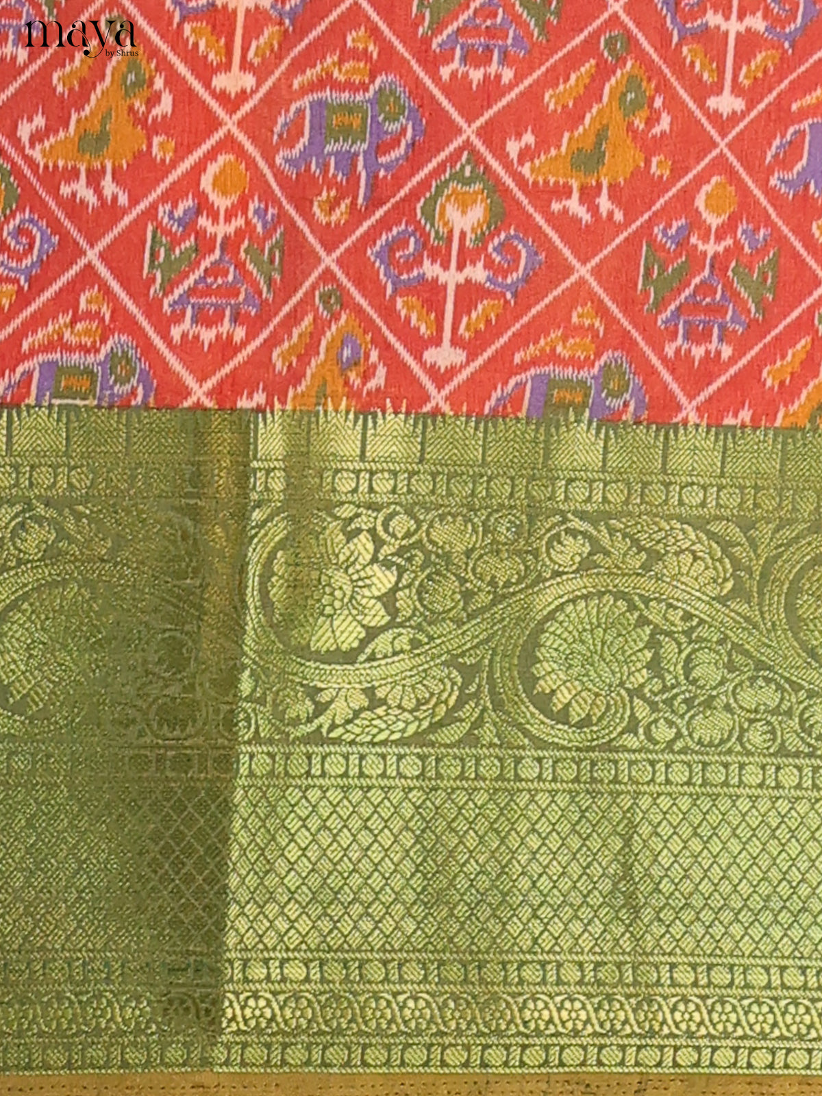 Brick Red & olive-green Semi Patola Unstitched Top, Bottom & Dupatta - MDB26020