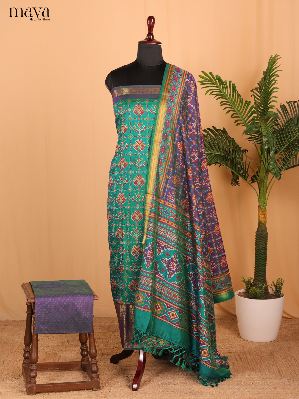Double shade green & purple Semi Patola Unstitched Top, Bottom & Dupatta - MDB26021