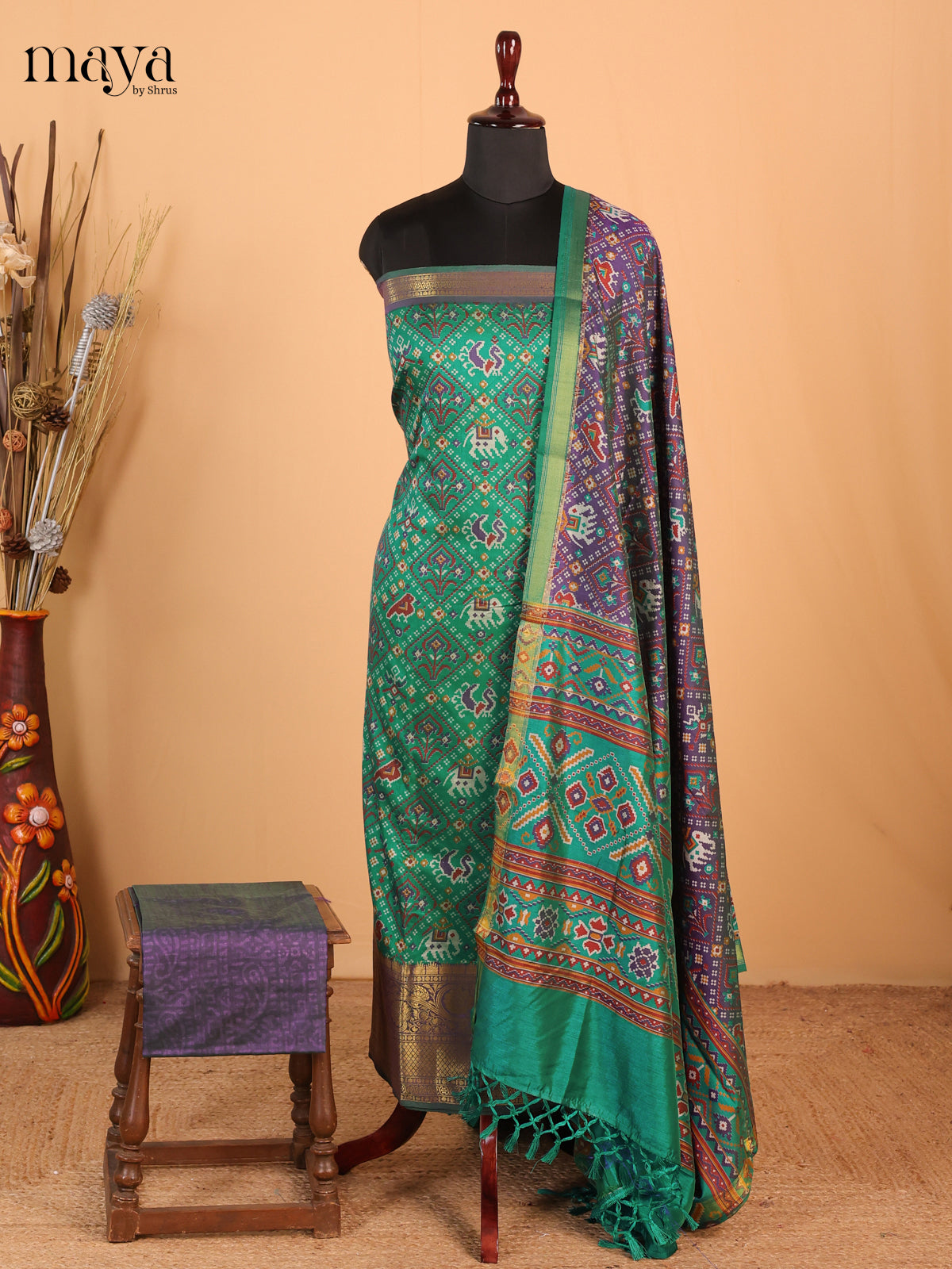 Green & Purple - Semi Patola Unstitched Top, Bottom & Dupatta - MDB26022