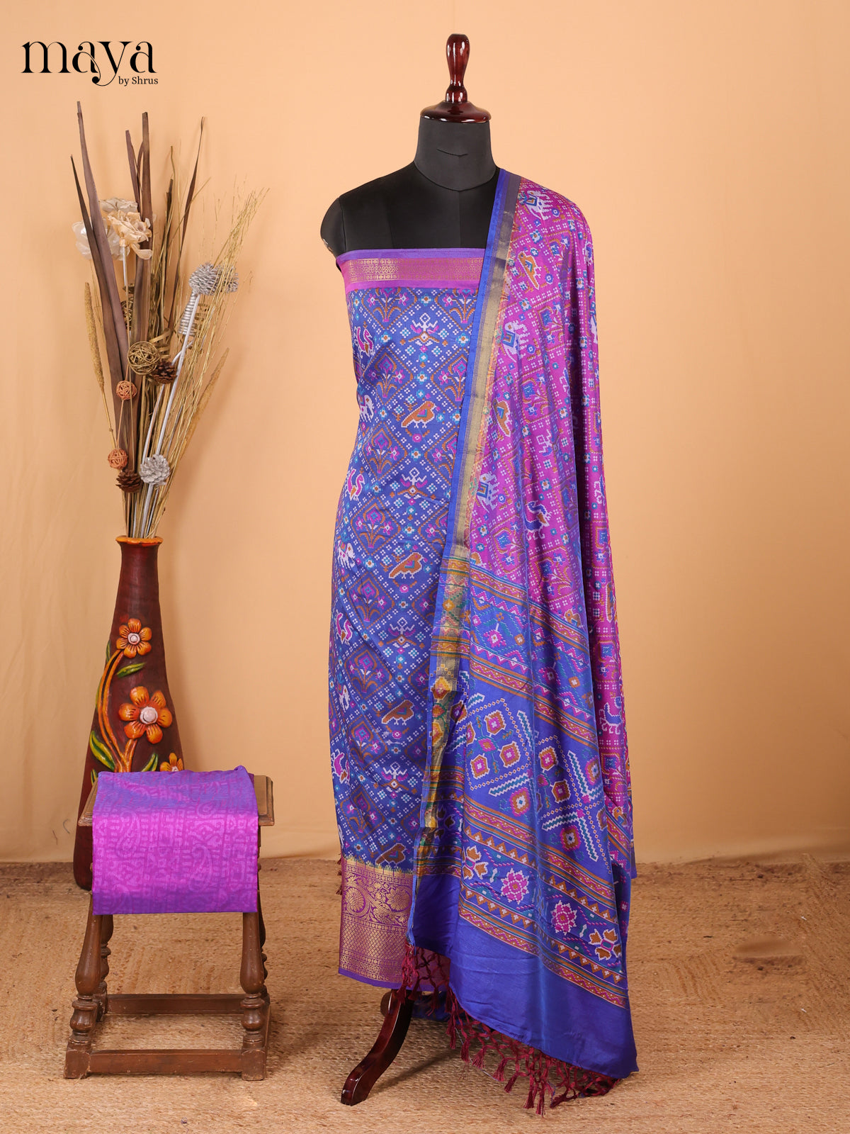 Royal Blue & Purple - Semi Patola Unstitched Top, Bottom & Dupatta - MDB26023