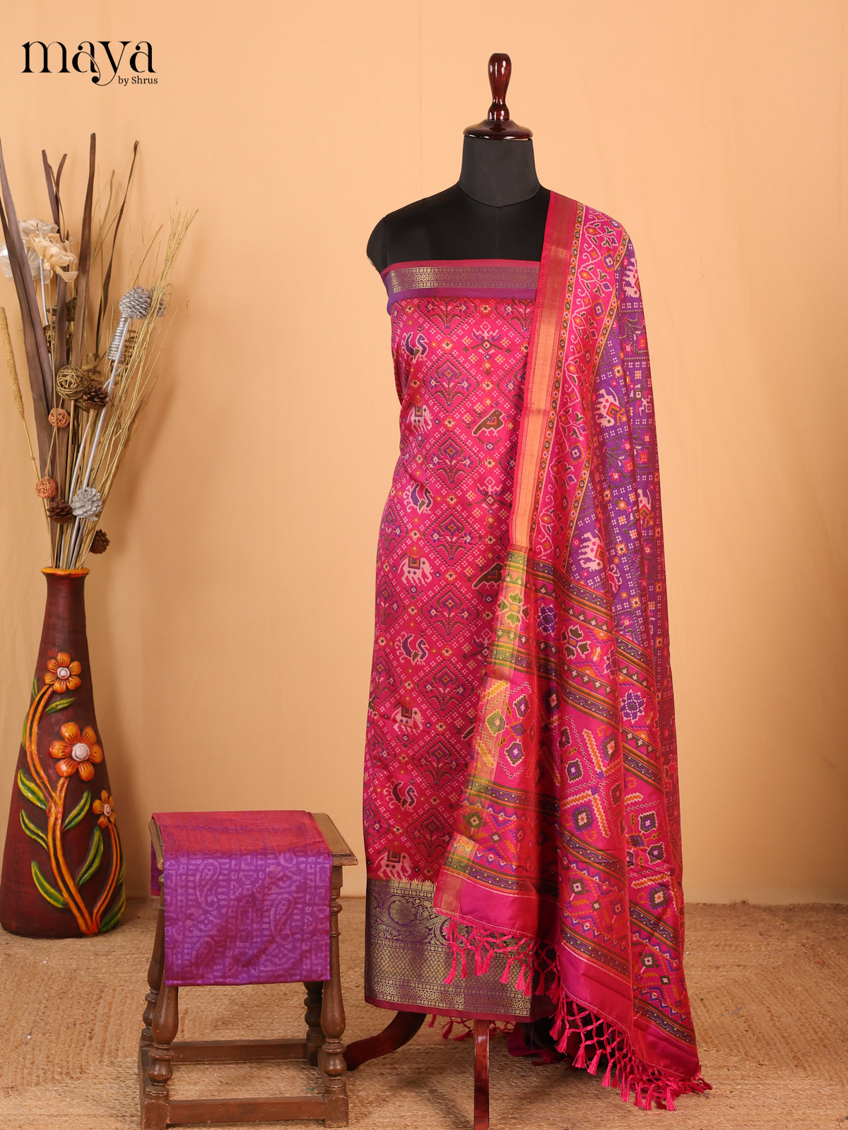 Dark Pink & Purple - Semi Patola Unstitched Top, Bottom & Dupatta - MDB26024