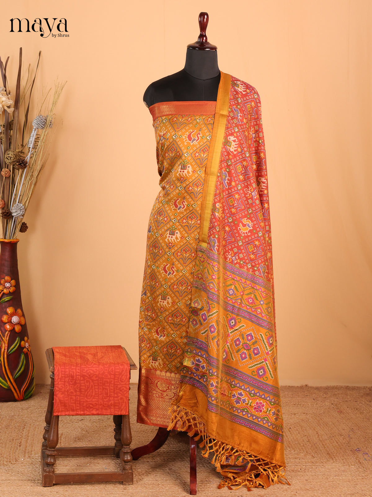 Mustard brown & Burnt Orange - Semi Patola Unstitched Top, Bottom & Dupatta - MDB26025
