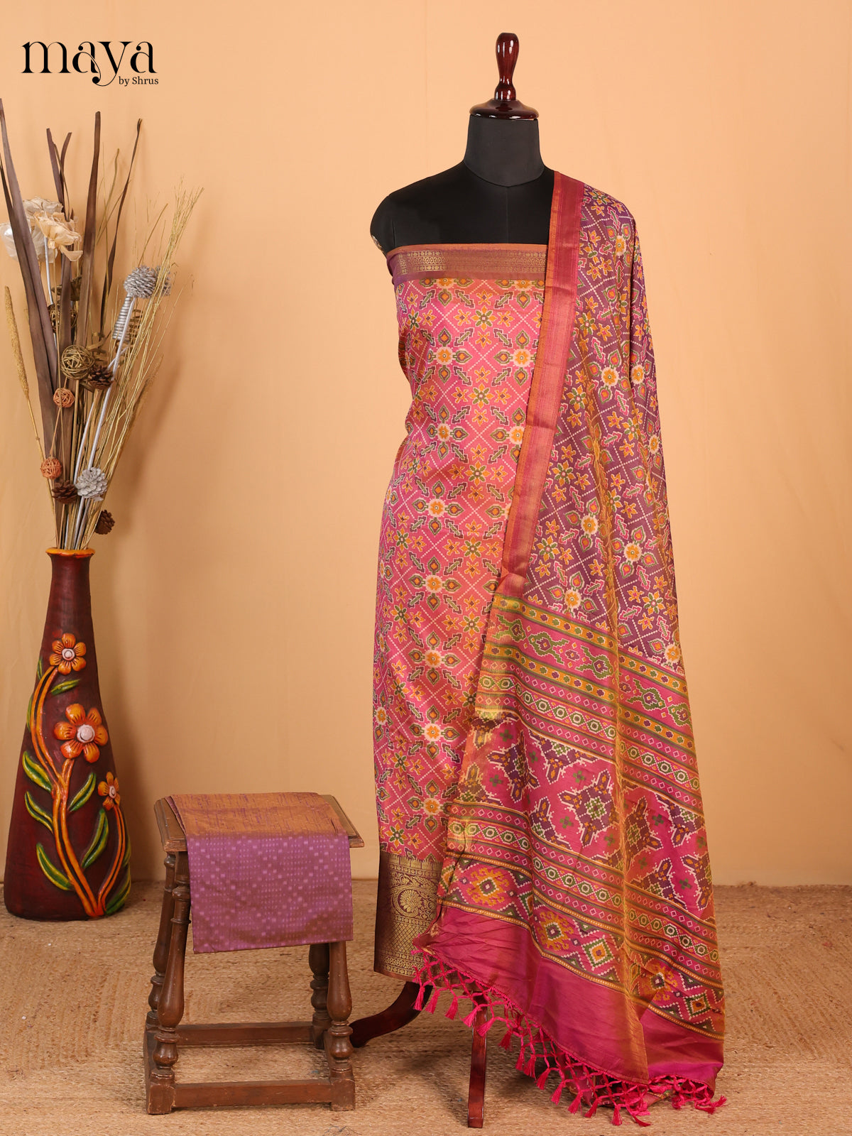 Dusky pink & purple - Semi Patola Unstitched Top, Bottom & Dupatta - MDB26026