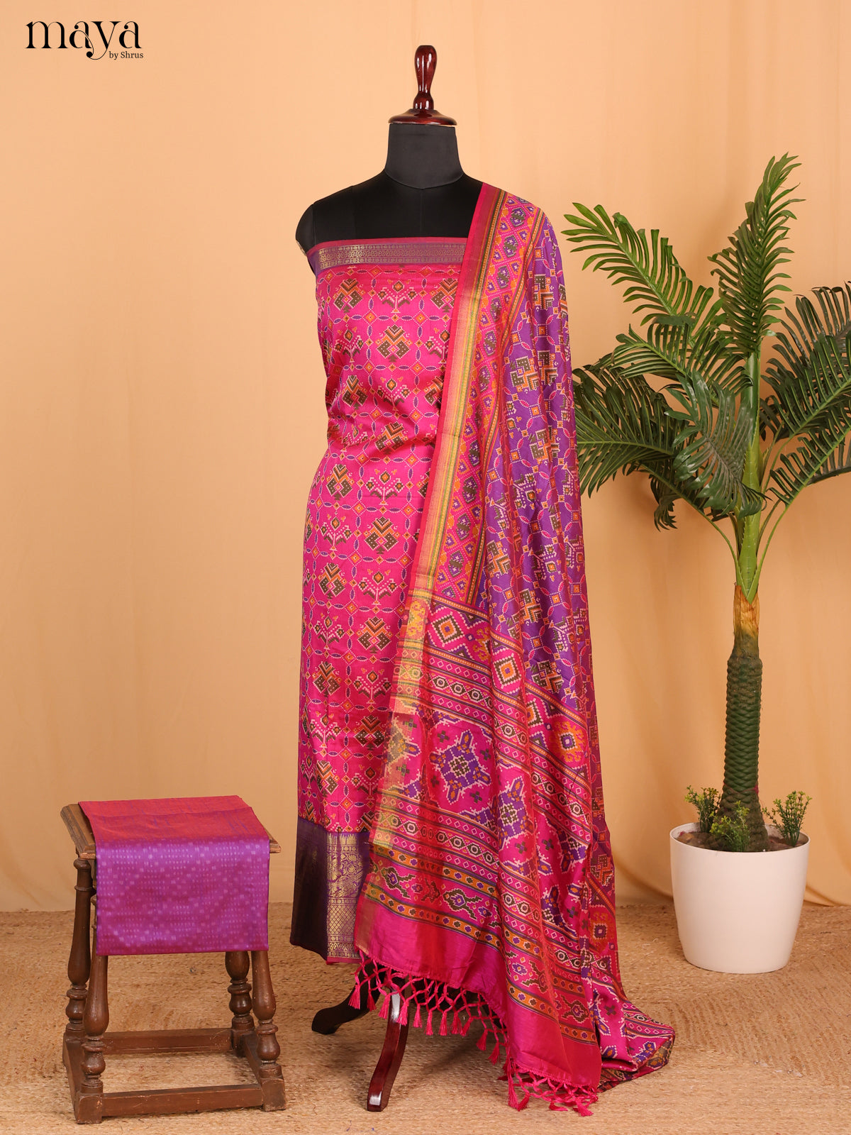Pink & Violet Semi Patola Unstitched Top, Bottom & Dupatta - MDB26027