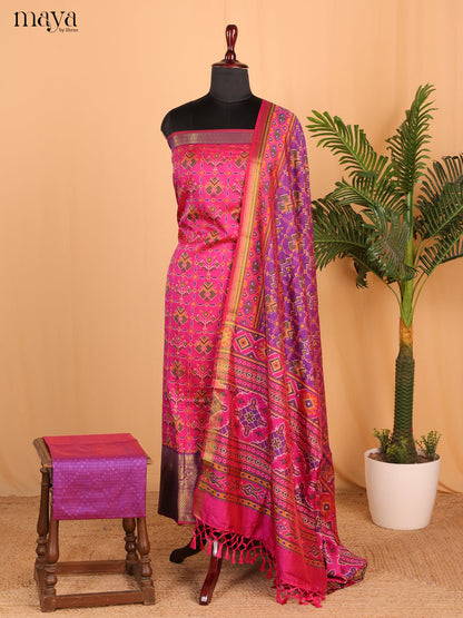 Pink & Violet Semi Patola Unstitched Top, Bottom & Dupatta - MDB26027