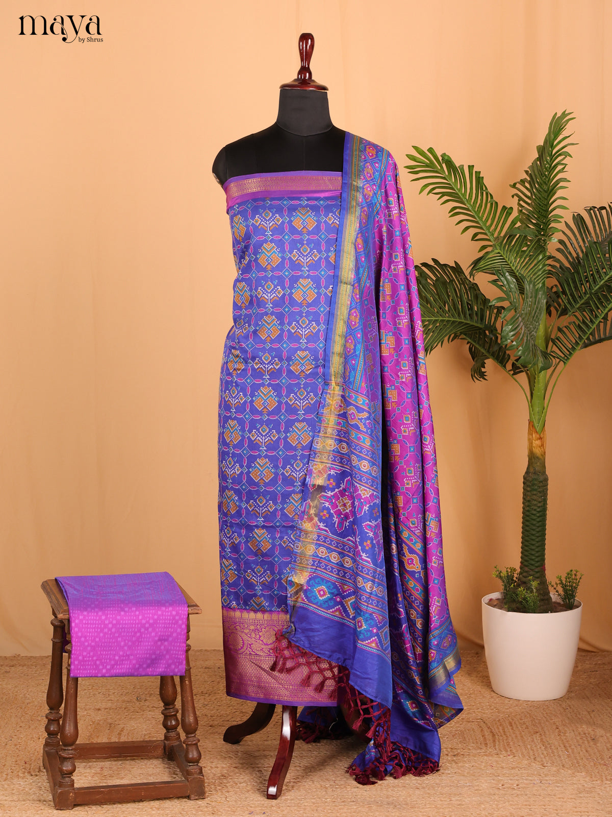 Royal Blue & purple Semi Patola Unstitched Top, Bottom & Dupatta - MDB26028