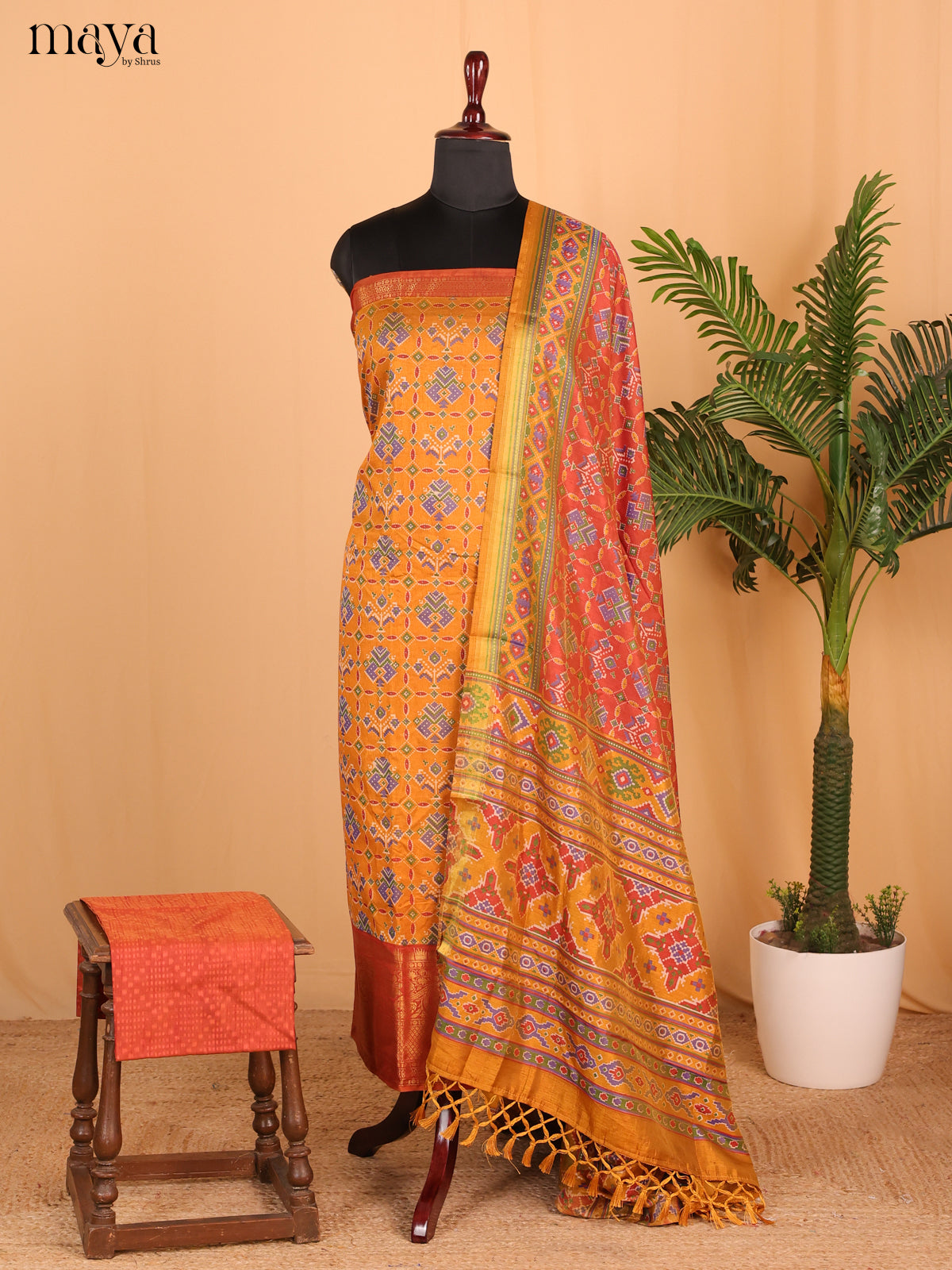 Mustard & Reddish orange Semi Patola Unstitched Top, Bottom & Dupatta - MDB26029