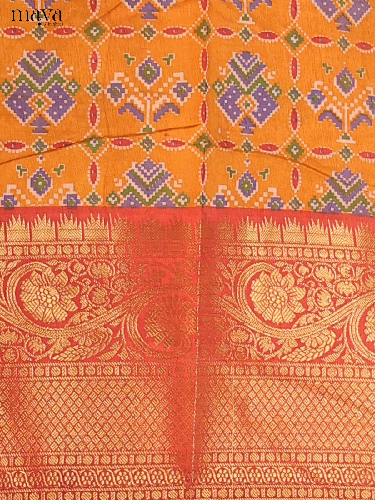 Mustard & Reddish orange Semi Patola Unstitched Top, Bottom & Dupatta - MDB26029