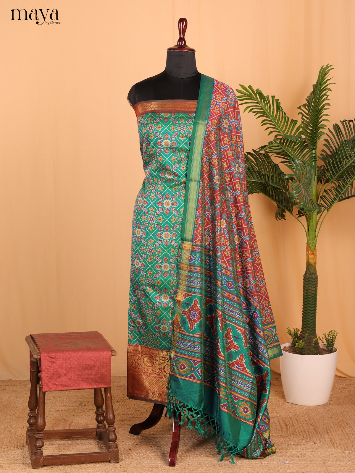 Teal Gree & Brown Semi Patola Unstitched Top, Bottom & Dupatta - MDB26030