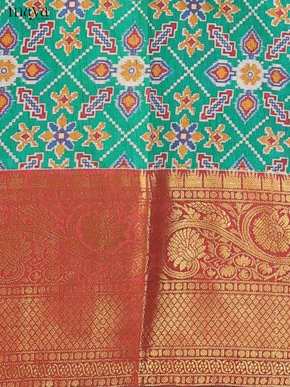 Teal Gree & Brown Semi Patola Unstitched Top, Bottom & Dupatta - MDB26030
