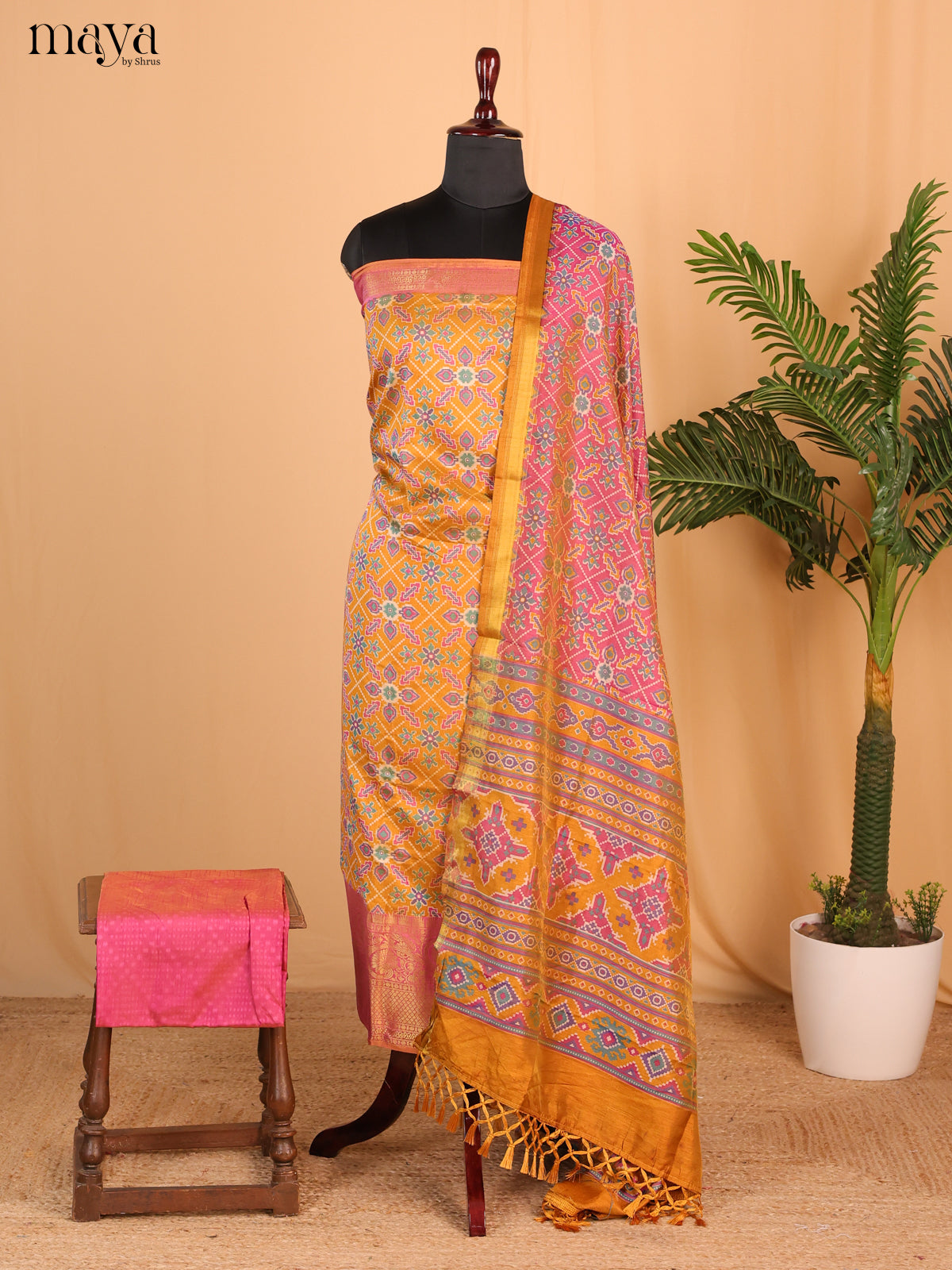 Mustard & Light Pink Semi Patola Unstitched Top, Bottom & Dupatta - MDB26031