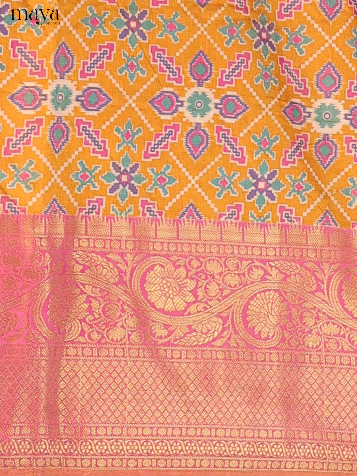 Mustard & Light Pink Semi Patola Unstitched Top, Bottom & Dupatta - MDB26031