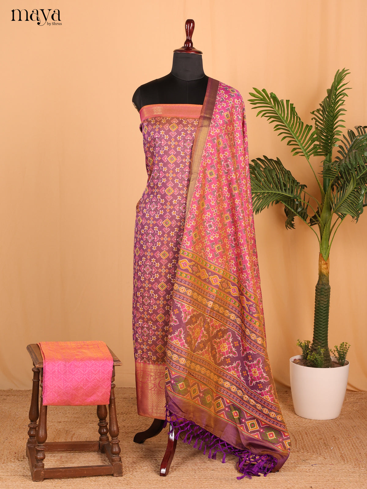 Double shade Violet & Gold Semi Patola Unstitched Top, Bottom & Dupatta - MDB26032