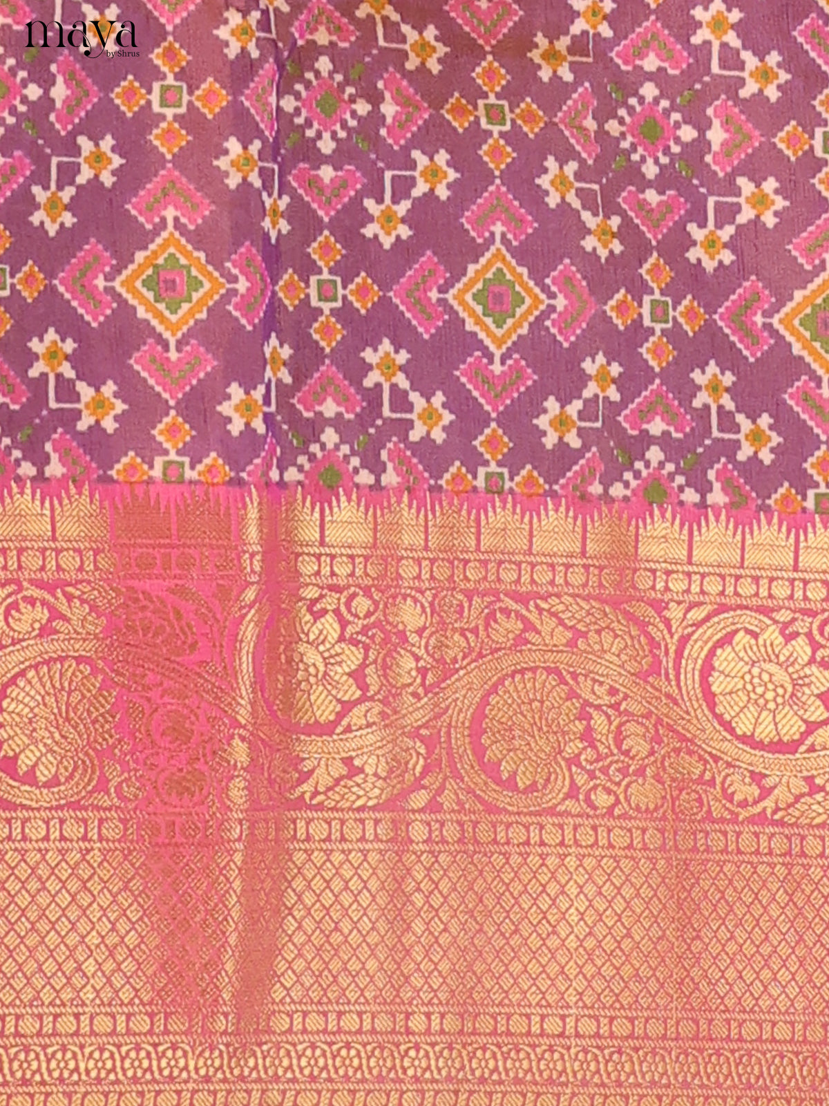 Double shade Violet & Gold Semi Patola Unstitched Top, Bottom & Dupatta - MDB26032