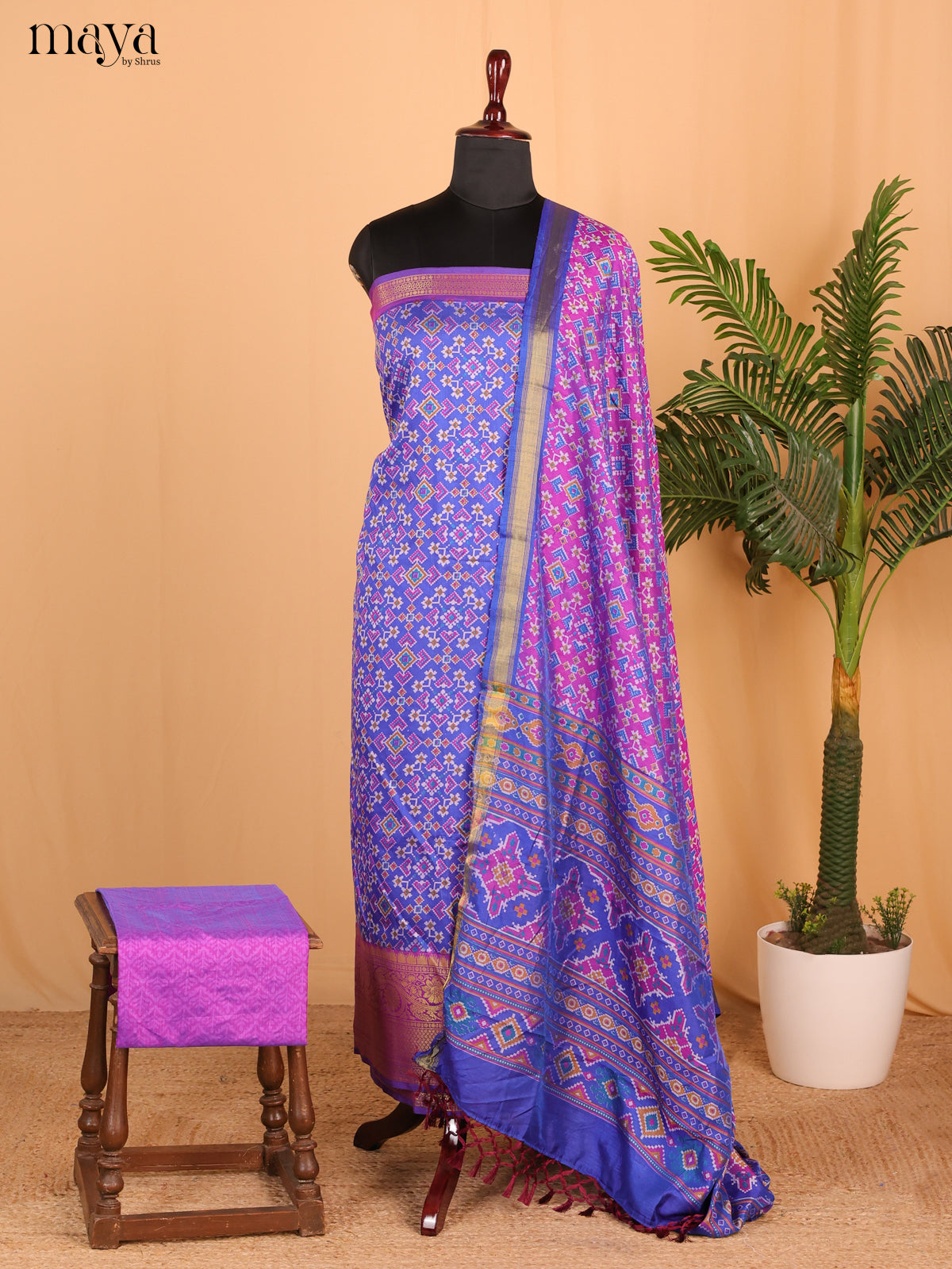Double shade violet & Purple Semi Patola Unstitched Top, Bottom & Dupatta - MDB26033