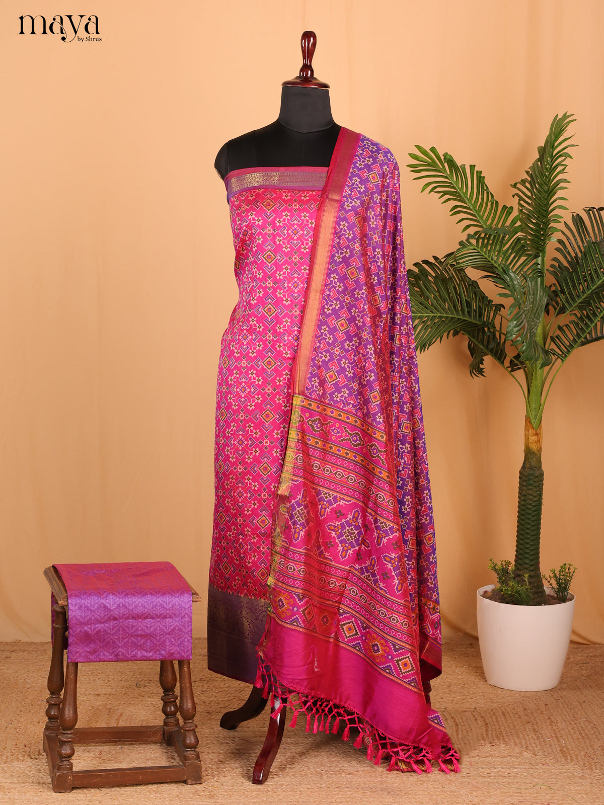 pink & purple Semi Patola Unstitched Top, Bottom & Dupatta - MDB26034
