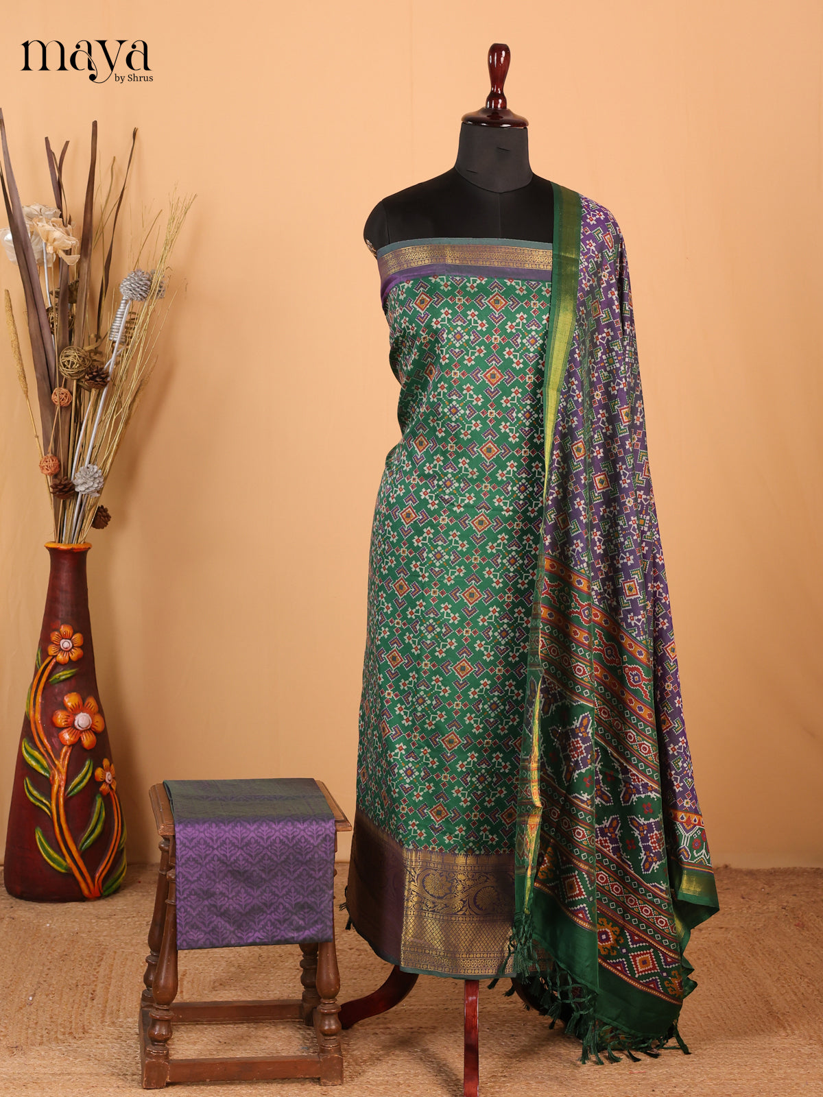 Green & purple - Semi Patola Unstitched Top, Bottom & Dupatta - MDB26035