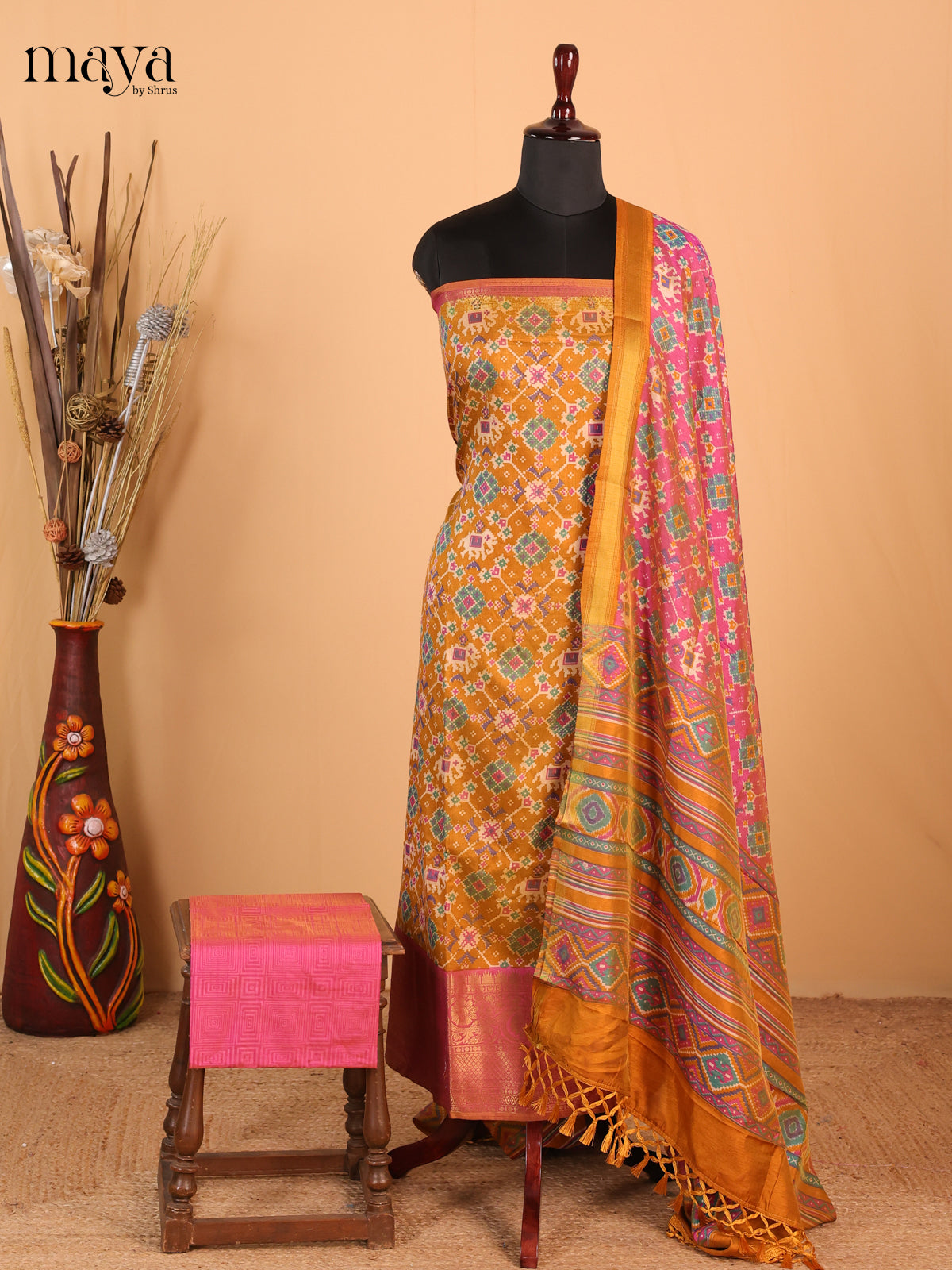 Mustard yellow & Pink - Semi Patola Unstitched Top, Bottom & Dupatta - MDB26036