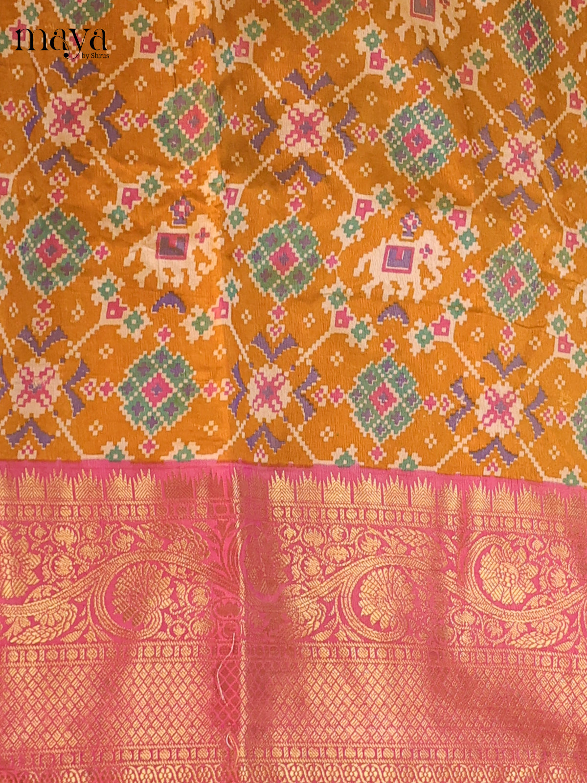 Mustard yellow & Pink - Semi Patola Unstitched Top, Bottom & Dupatta - MDB26036