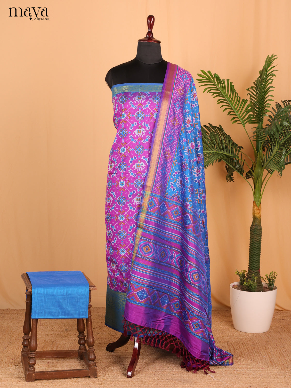 Purple & light Blue Semi Patola Unstitched Top, Bottom & Dupatta - MDB26037