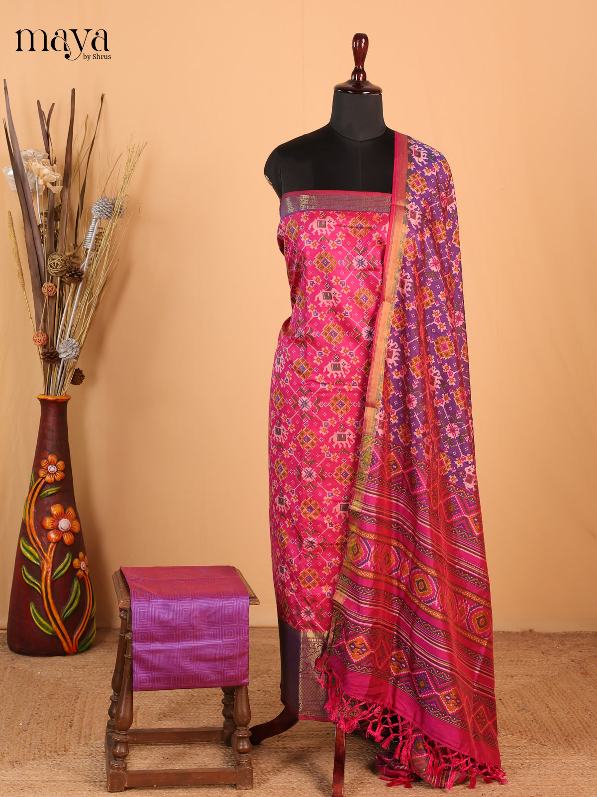 Dark Pink & Purple - Semi Patola Unstitched Top, Bottom & Dupatta - MDB26038