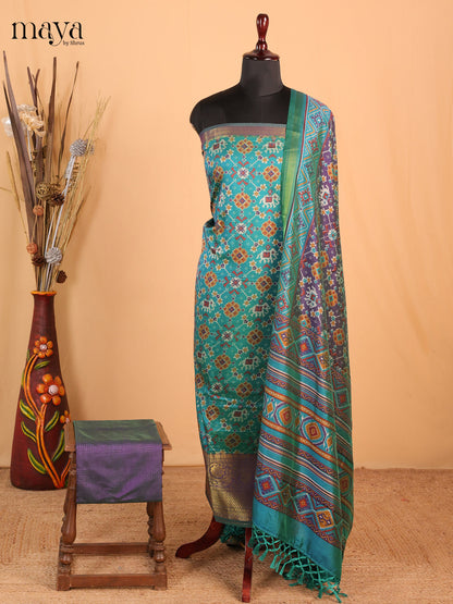 Teal blue with Purple - Semi Patola Unstitched Top, Bottom & Dupatta - MDB26039