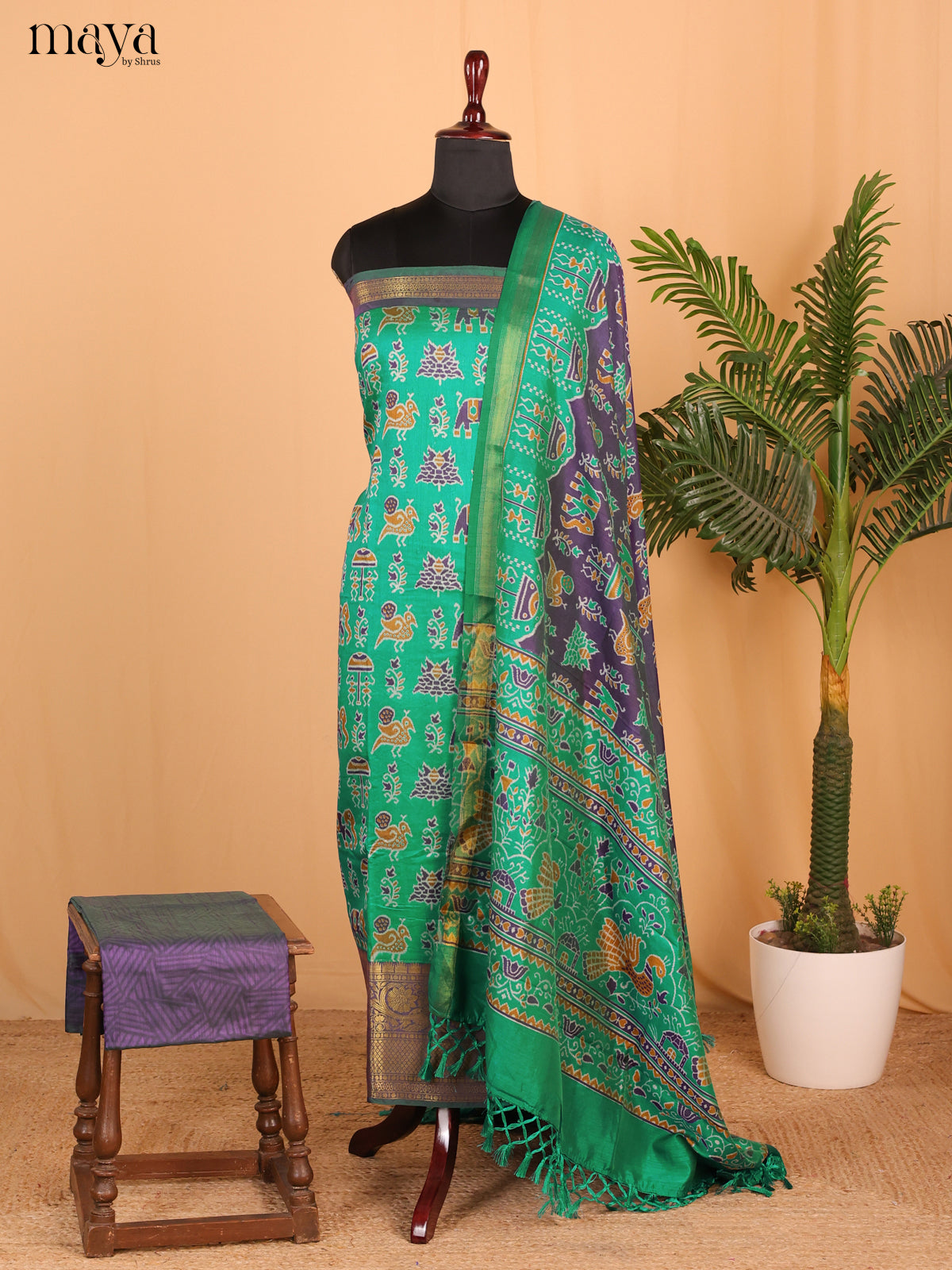 Green & Purple Semi Patola Unstitched Top, Bottom & Dupatta - MDB26041