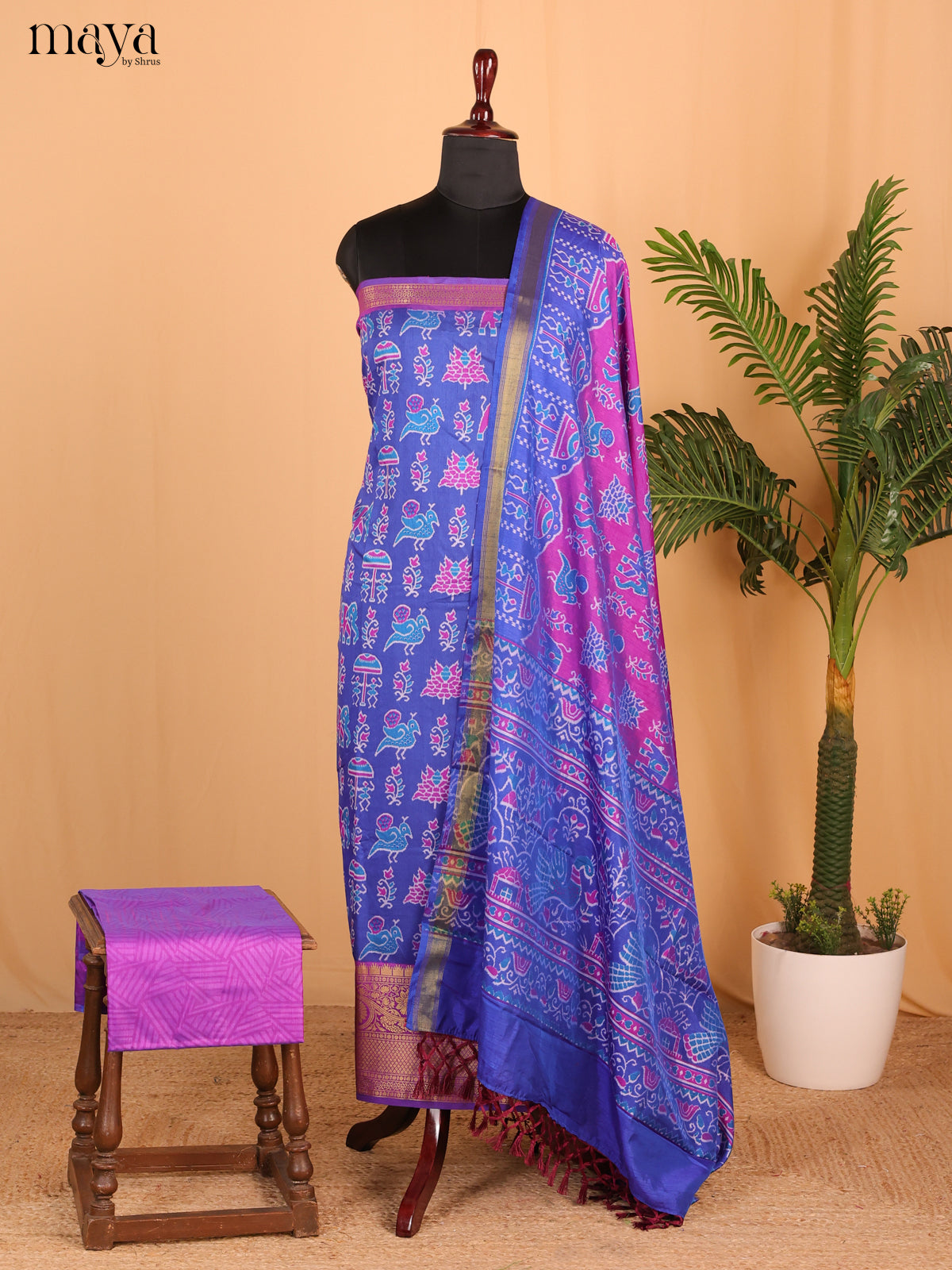 Royal Blue & Purple Semi Patola Unstitched Top, Bottom & Dupatta - MDB26042