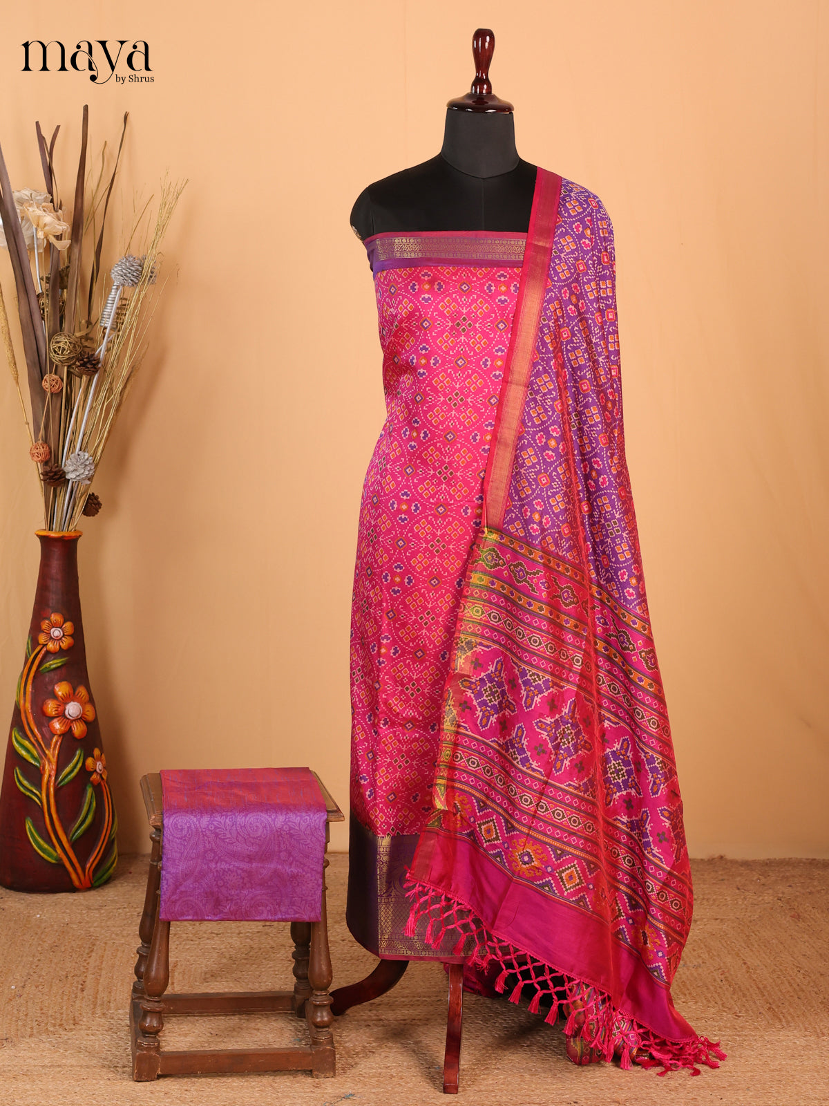 Pink & Purple - Semi Patola Unstitched Top, Bottom & Dupatta - MDB26044
