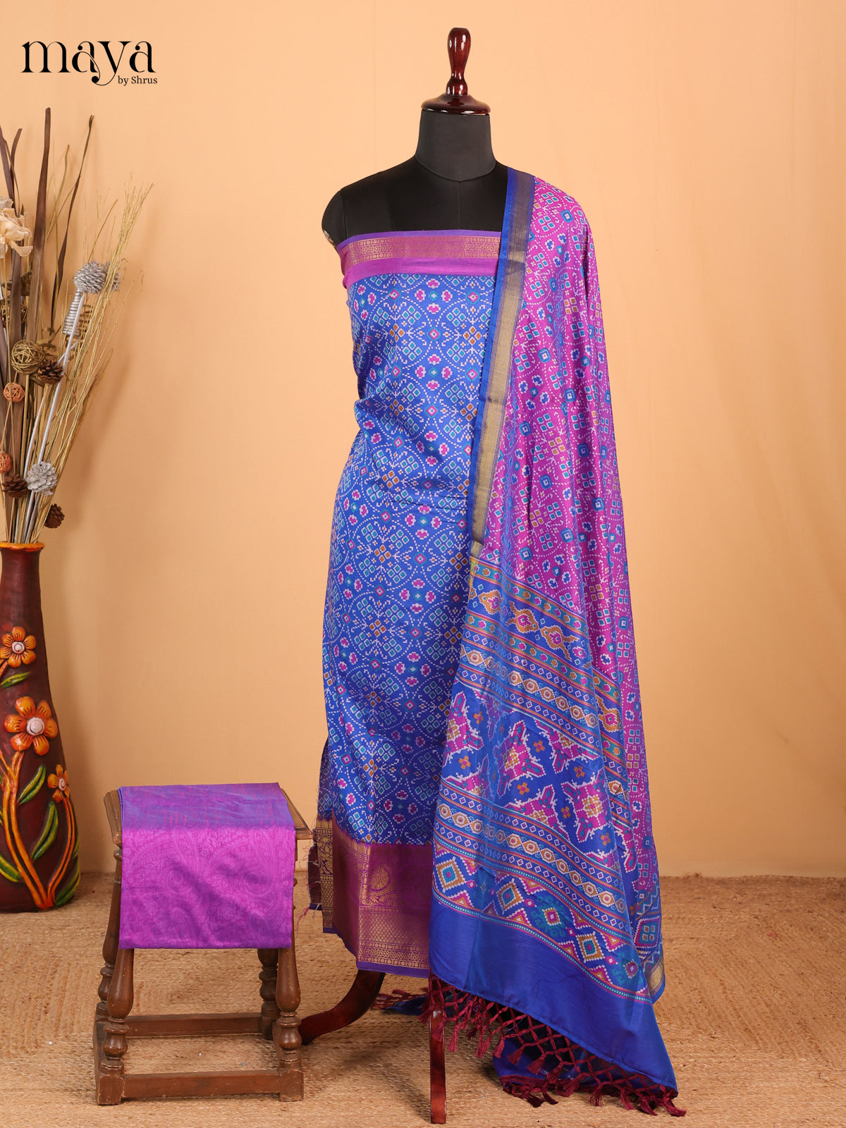 Royal Blue & Purple -Semi Patola Unstitched Top, Bottom & Dupatta - MDB26045