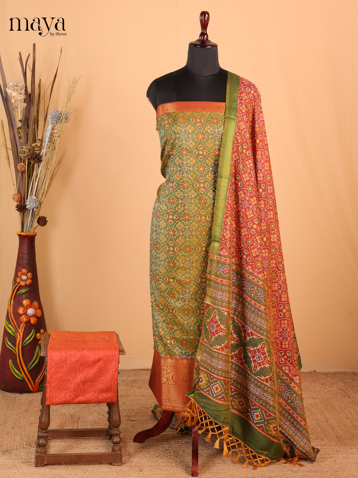 Olive green & Burnt orange - Semi Patola Unstitched Top, Bottom & Dupatta - MDB26046