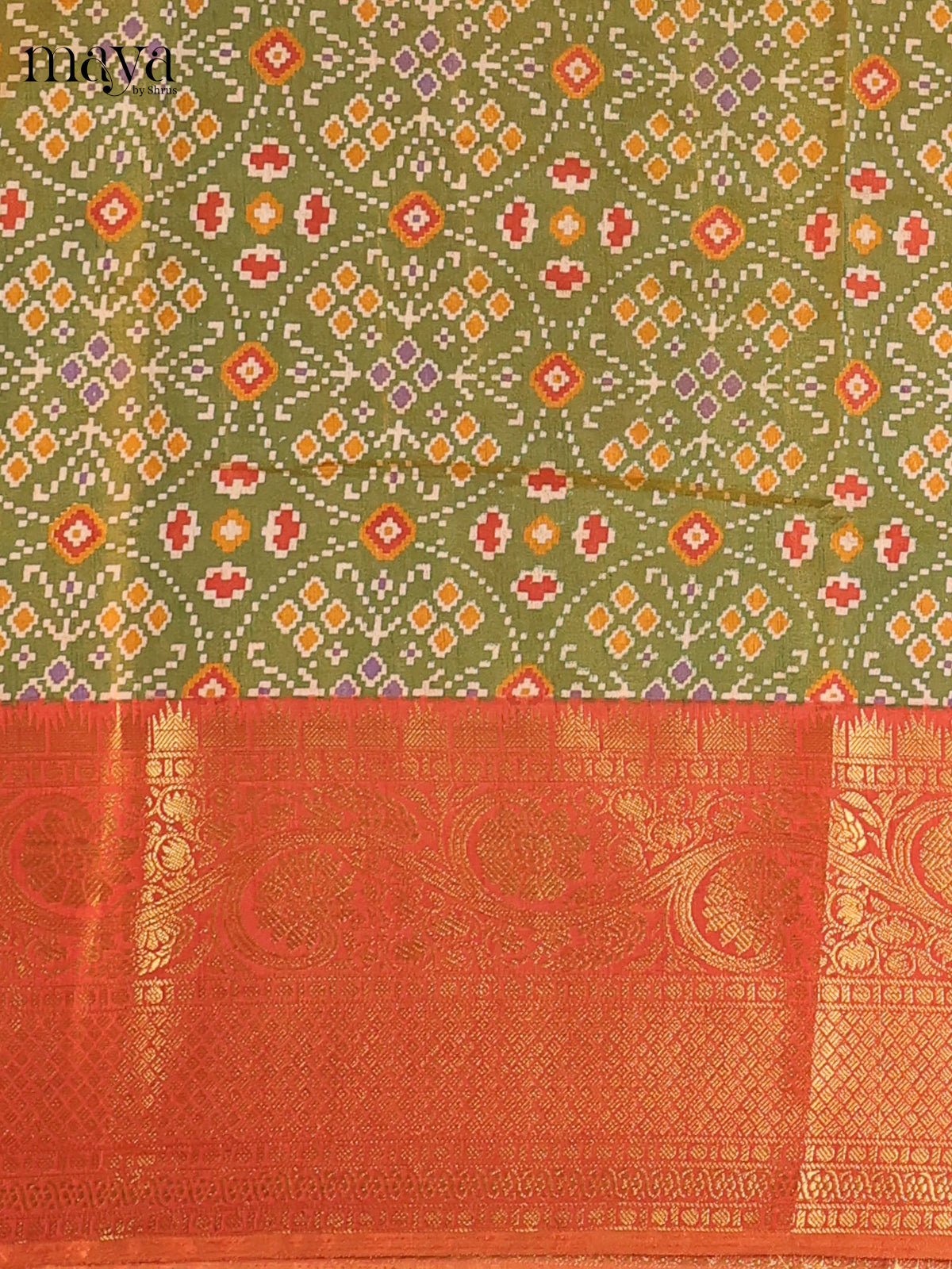 Olive green & Burnt orange - Semi Patola Unstitched Top, Bottom & Dupatta - MDB26046