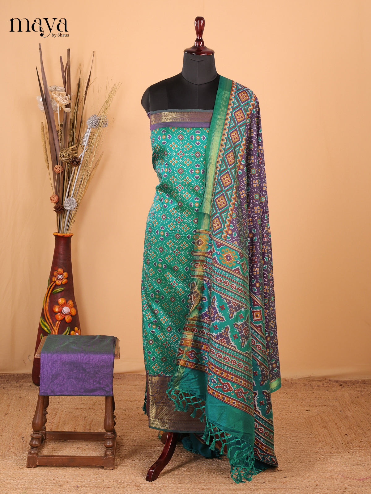 Green & Purple - Semi Patola Unstitched Top, Bottom & Dupatta - MDB26047